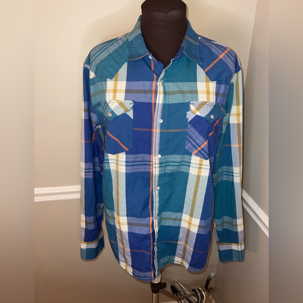 LEVIS Plaid WESTERN Shirt Mens Large L Pearl Snaps Long Sleeve Blue